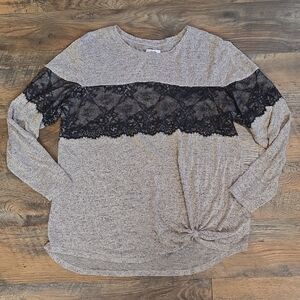 Maurices Cream and Black Lace Accent Long Sleeve Top